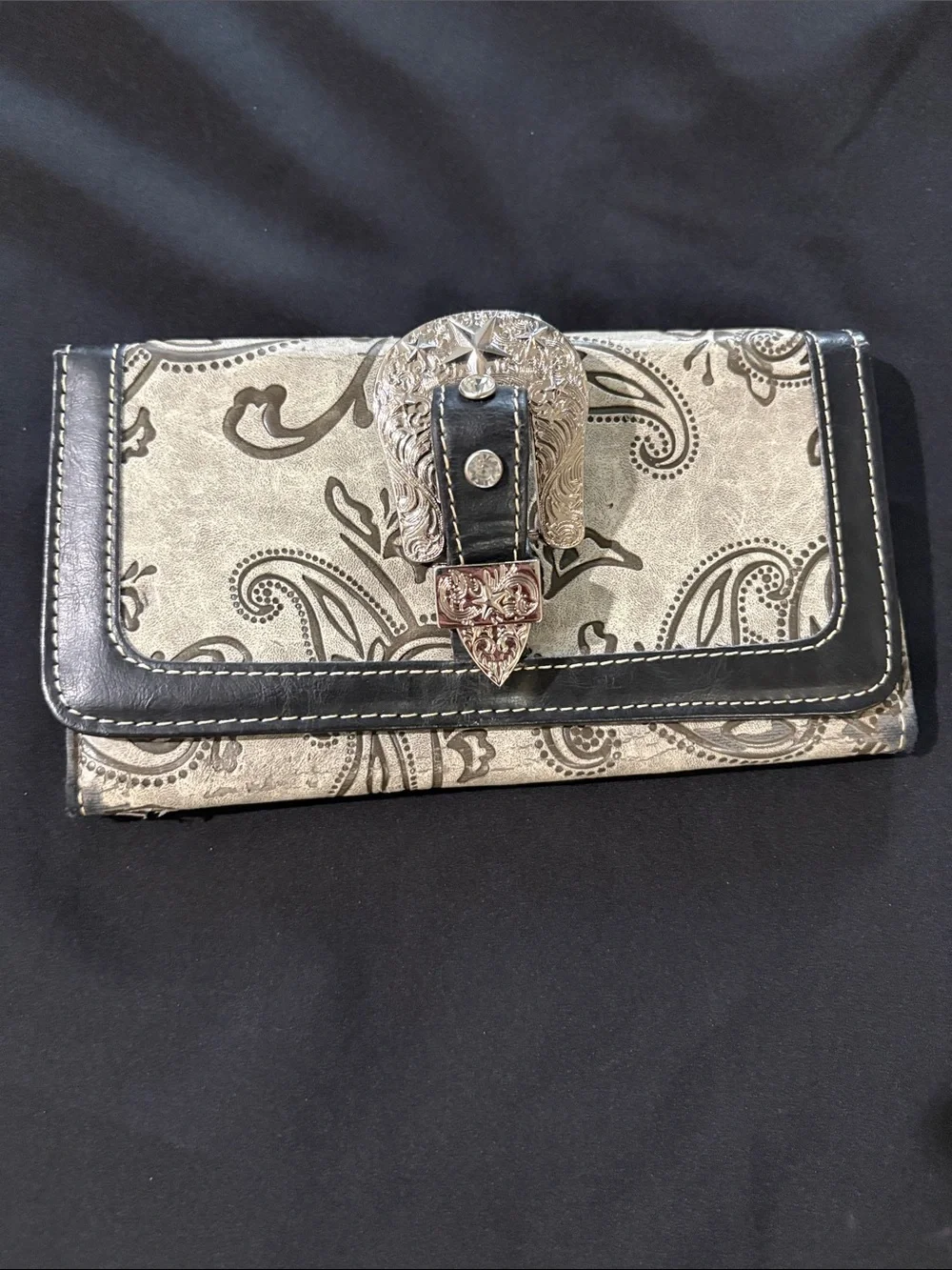 Paisley Trifold Wallet with Decorative Buckle - Black & Cream